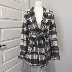 Jou Jou Gray and Cream Plaid Belted Coat